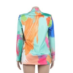 back view of the colorful pattern blazer on a mannequin