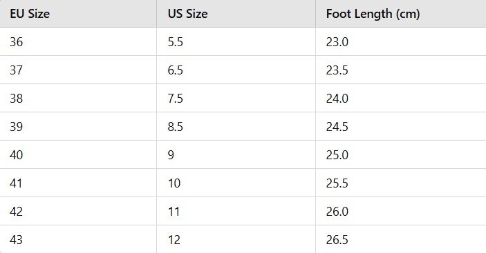 colorful pattern flats size chart conversing US size into EU