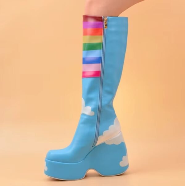 woman wearing colorful rainbow boots and exposing their zipper