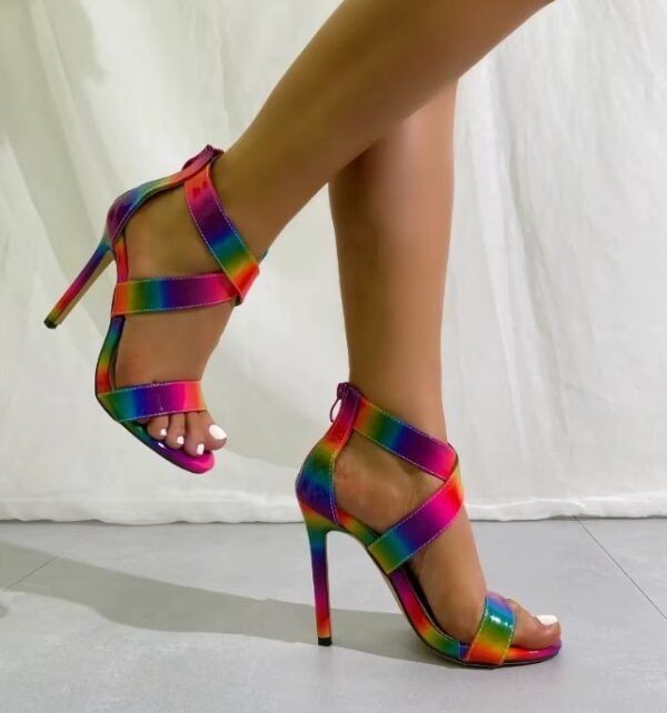 woman wearing colorful rainbow heels