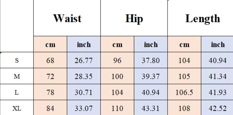 colorful striped pants size chart with measurements 