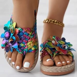 woman wearing colorful summer sandals