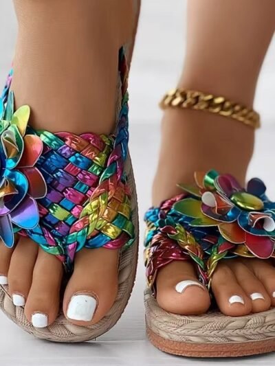 woman wearing colorful summer sandals