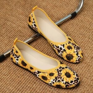 colorful sunflower flats standing on the brown carpet