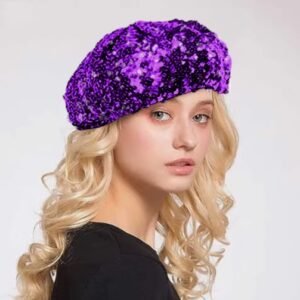 woman wearing purple disco colorful beret, white wall behind her