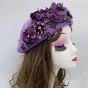 the side view of purple fancy colorful beret on a mannequin