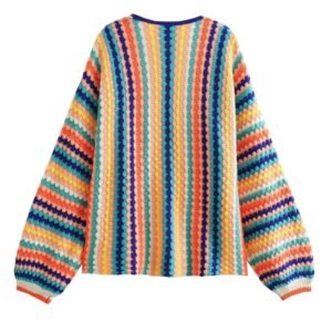 the backside of long sleeve colorful cardigan on the white background