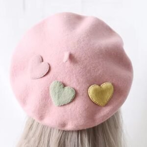 pink colorful pastel beret on blonde hair, white background