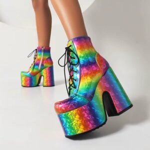 woman wearing rainbow boots