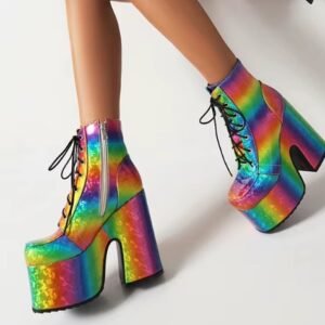 woman walking in rainbow boots