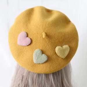 yellow colorful pastel beret on blonde hair, white background