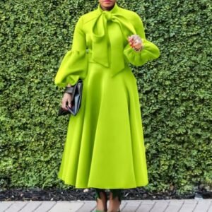 woman wearing colorful dress with a bow and a black purse, green leaves behind her