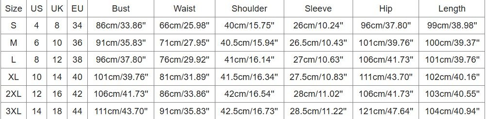 Japanese colorful dress size chart