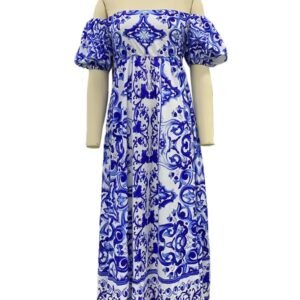 blue colorful bohemian dress on a mannequin, white background