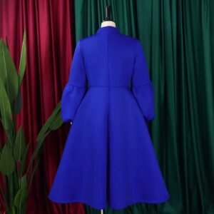 backside of blue colorful dress with a bow, green and red curtains in the background