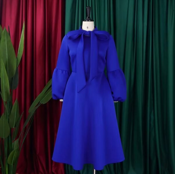 blue colorful dress with a bow, green and red curtains in the background