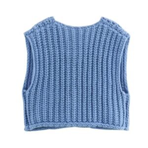 back view of blue sleeveless cardigan on the white background