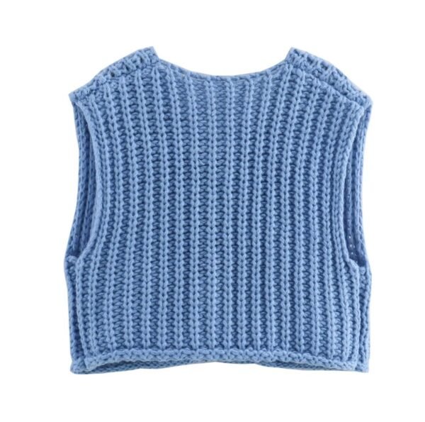 back view of blue sleeveless cardigan on the white background