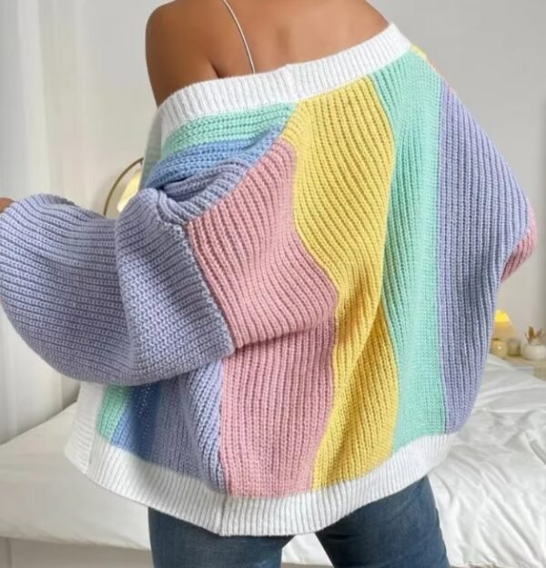 woman turned to her back wearing casual colorful cardigan