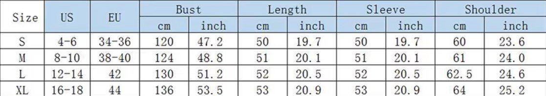 size chart of chunky colorful cardigan