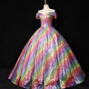 side view of colorful ball gown on the black background