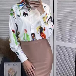 woman wearing colorful characters blouse and brown pencil skirt