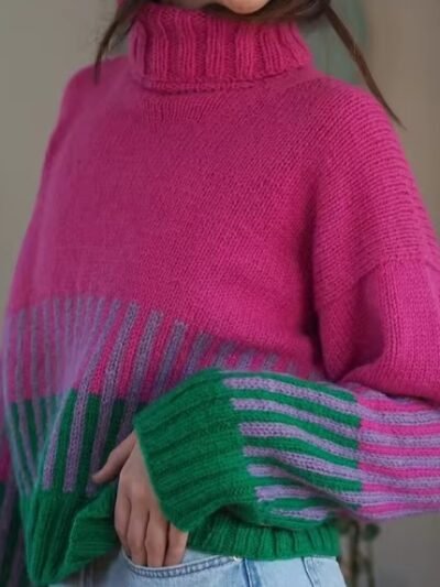 woman wearing colorful color blocking sweater