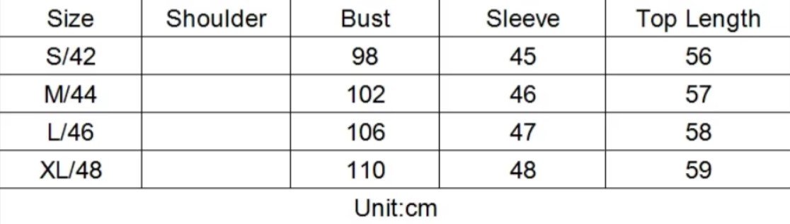 size chart of colorful color blocking sweater