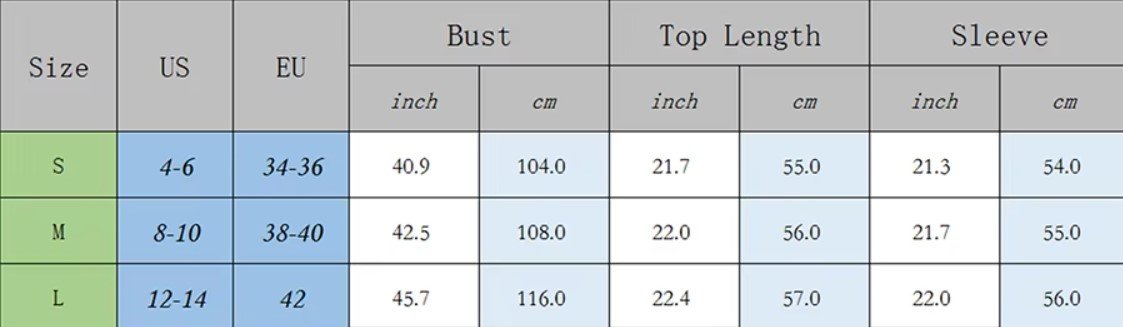 size chart of colorful crochet cardigan