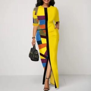 woman wearing colorful dress for women, black sandals and a black bag, white background