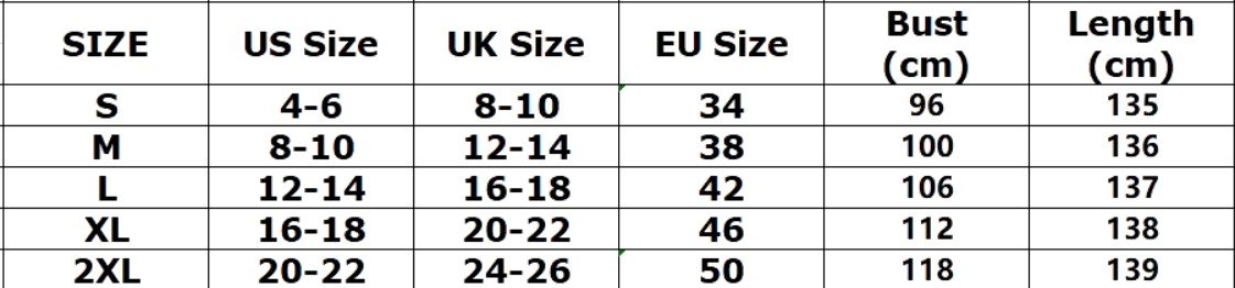 colorful floral dress size chart