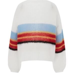 back view of colorful fuzzy cardigan on the white background