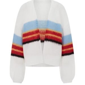 colorful fuzzy cardigan on the white background