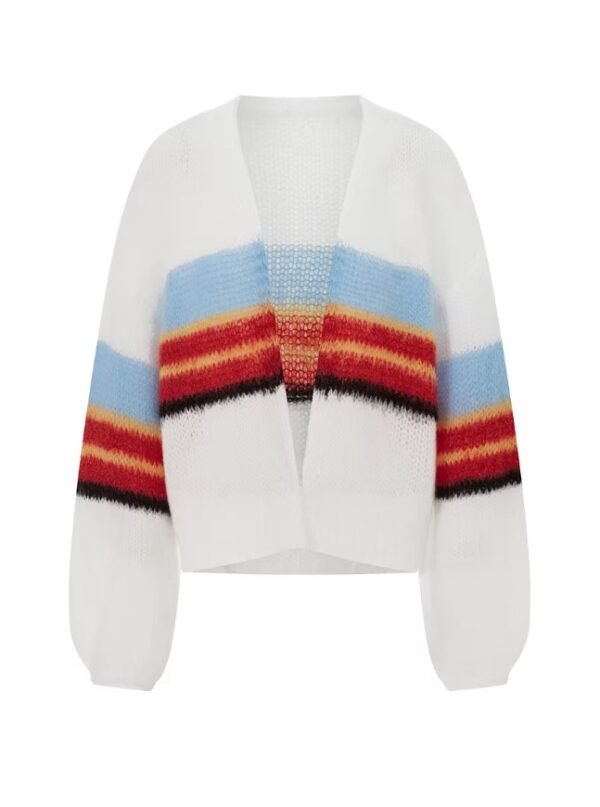 colorful fuzzy cardigan on the white background