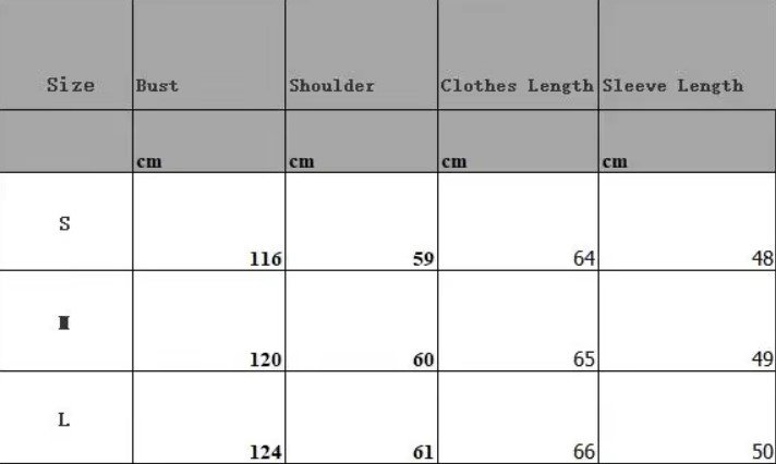 size chart of colorful fuzzy cardigan