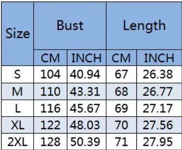 colorful gradient blouse size chart 