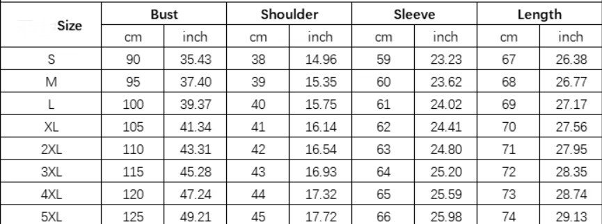 size chart of colorful linen bluse