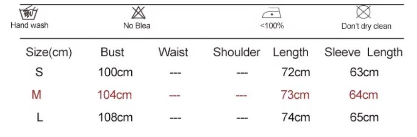 size chart of colorful long-sleeved blouse 