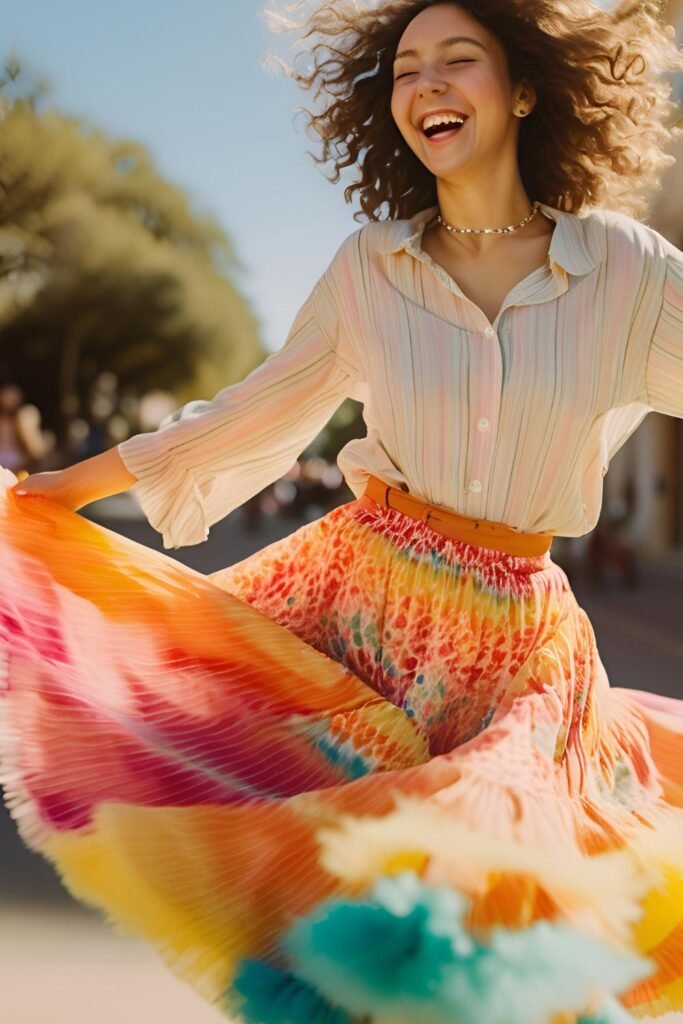 woman with brown hair dancing in a colorful skirt and neutral blouse, trees in the background 