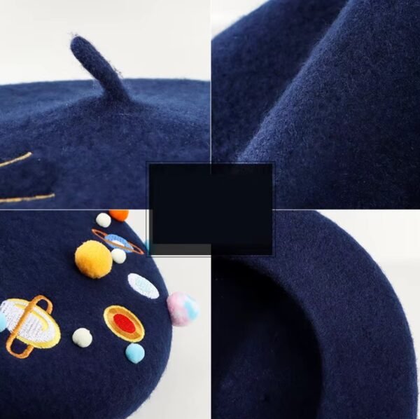 the details of colorful planet beret - the material, the top, the planets decorations shown in the four corners