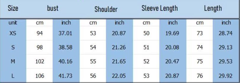 size chart of colorful print blouse