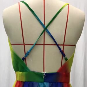 back side, straps and zipper of colorful prom dress on a mannequin