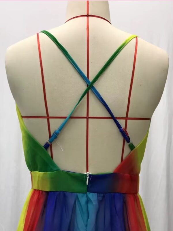 back side, straps and zipper of colorful prom dress on a mannequin