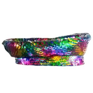 the side view of the colorful sequin beret on the white background