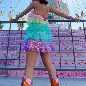 woman turned to her back wearing colorful sequin dress and orange boots, pink theme park behind her