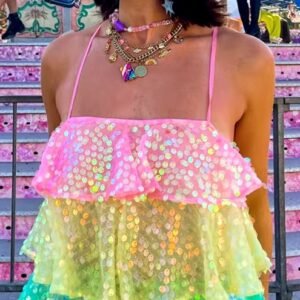 upper part of colorful sequin dress on a model