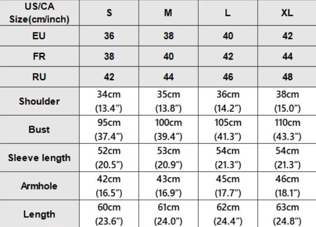 size chart of colorful short-sleeved blouse