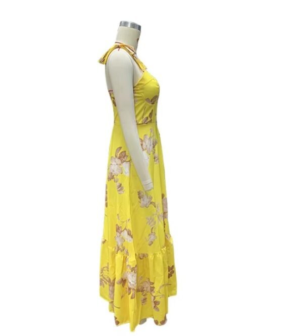 sideview of colorful sleeveless dress on a mannequin, white background