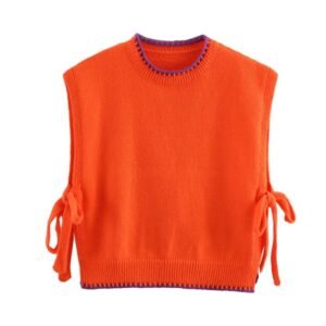 front view of orange colorful sleeveless sweater on the white background