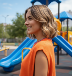 woman with short bright hair turned to her side wearing orange colorful sleeveless sweater